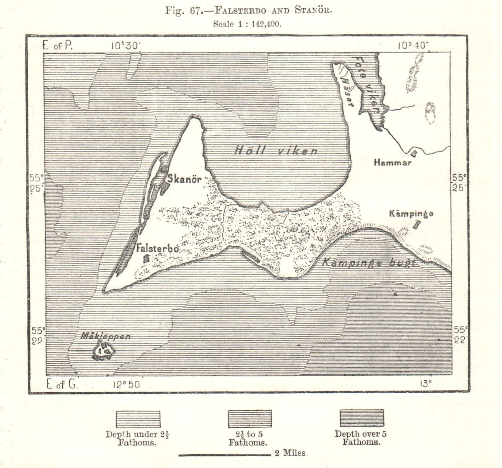Falsterbo and Stanor. Mälmo Malmo. Sweden. Sketch map 1885 old antique
